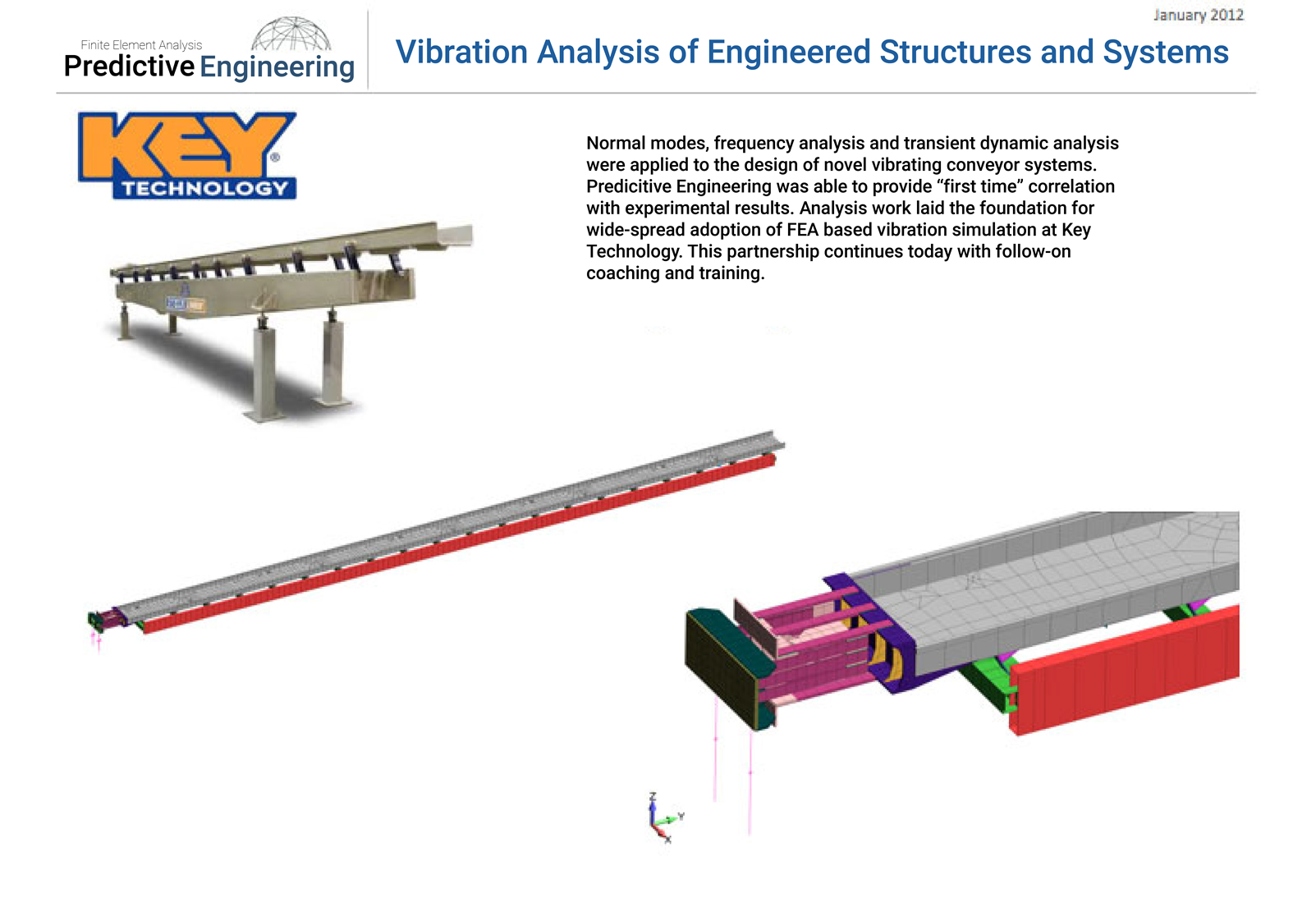 Normal modes, frequency analysis and transient dynamic analysis were applied to the design of novel vibrating conveyor systems.
