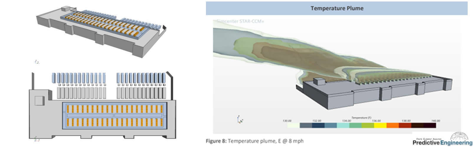 An isometric (top) and top-down (bottom) view of an example data center geometry and Temperature plume from generator and rooftop chiller exhaust 