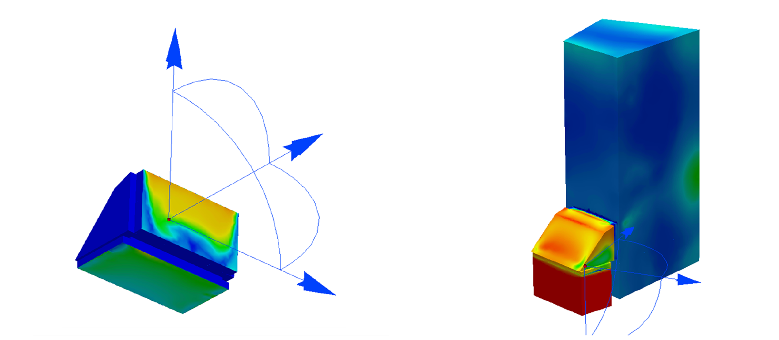 In the CFD generated image on the left, the velocity magnitude is contoured over the relief gate fluid volume geometry.  In the image on the right, the static pressure is contoured over the relief gate fluid volume geometry as well as the adjacent fluid volumes.