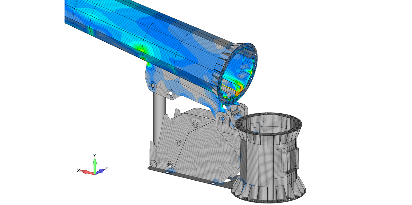 The bottom-out event occurs when the prop rod hits the concrete foundation as the tower is being lowered.  With the tower in this orientation, the turbine is accessible for service - FEA Engineering Consultants - Predictive Engineering