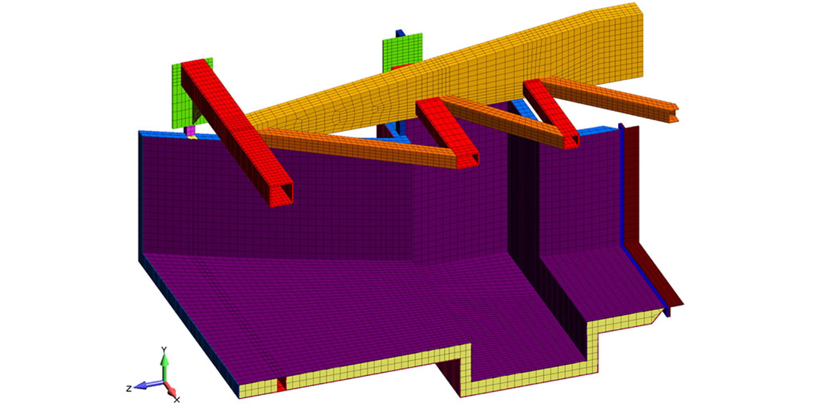 A cross section cut of the FEA model illustrating the combined use of plate and solid elements to simulate the foam core composite structure - Predictive Engineering FEA Composite Services