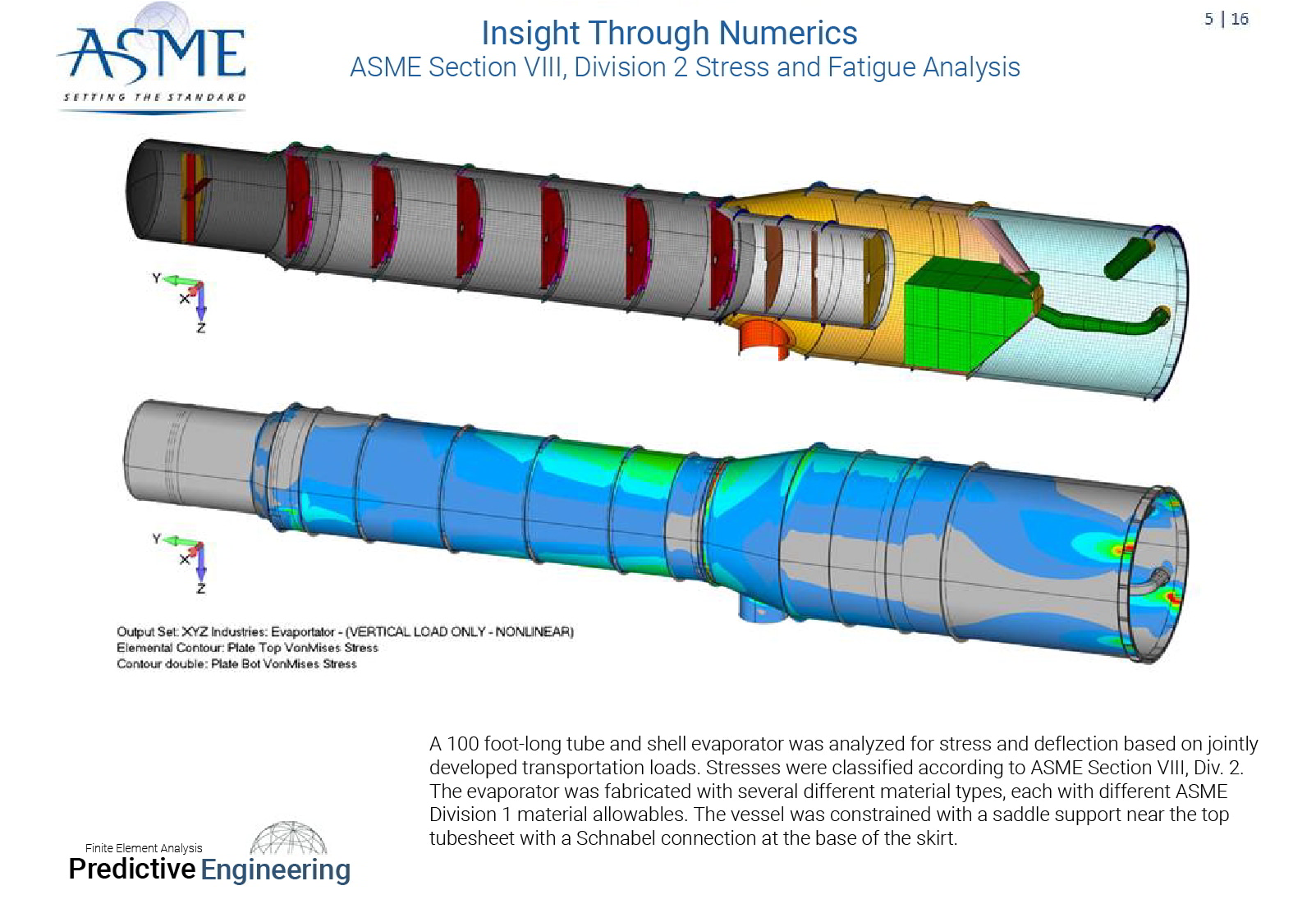 A 100 foot-long tube and shell evaporator was analyzed for stress and deflection based on jointly developed transportation loads - Predictive Engineering ASME BPVC Pressure Vessel Consulting Services