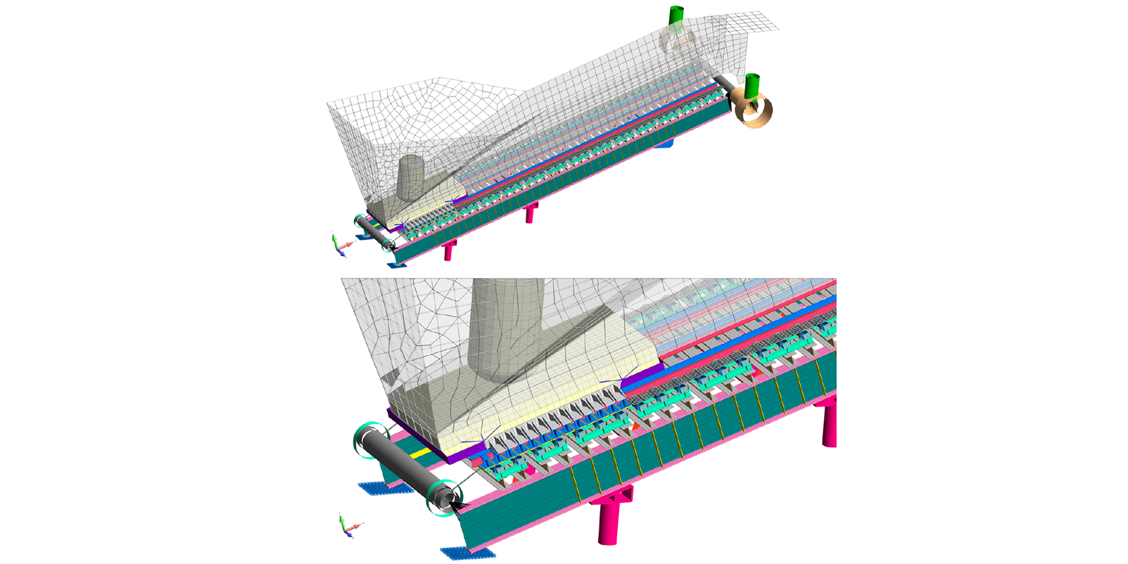 The Femap FEA model of the apron feeder system was constructed using a carefully mapped mesh of quad plate elements with beam elements for the chain and roller system.  The DEM particles were automatically created within LS-PrePost.