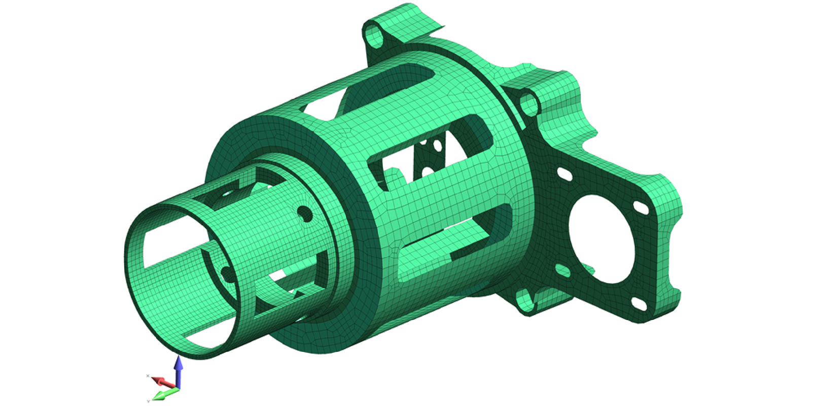 Figure 5: The azimuth drive housing was idealized using a combination of brick elements where the carbon fiber mast tube was bolted onto the housing and then a structured plate mesh for the main drive housing and its motor mount frame