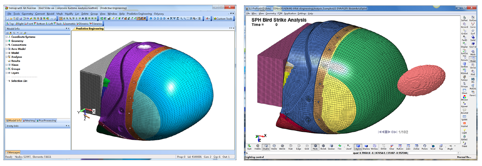 Femap model of composite radome structure translated out to LSTC’s LS-PrePost Interface with SPH bird added to the simulation