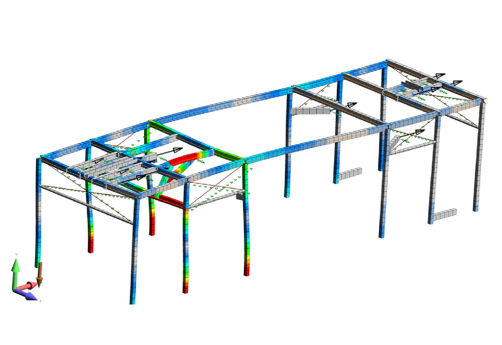 Predictive Engineering specializes in the idealization of structures and systems into numerical models.  The space frame structure above is an idealization of the steel frame of a automotive car wash system.  Loads were a combination of masses and forces to represent hanging weights and moving brushes.
