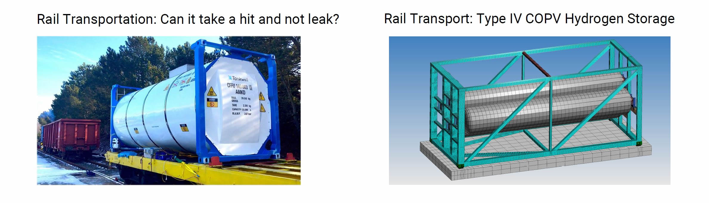 Rail Transportation Analysis: ISO 1496-3, Part 6.6 Dynamic Longitudinal Impact Test.  Normal modes analysis to determine fundamental response.  Vibration FEA engineering services for the railroad car industry.