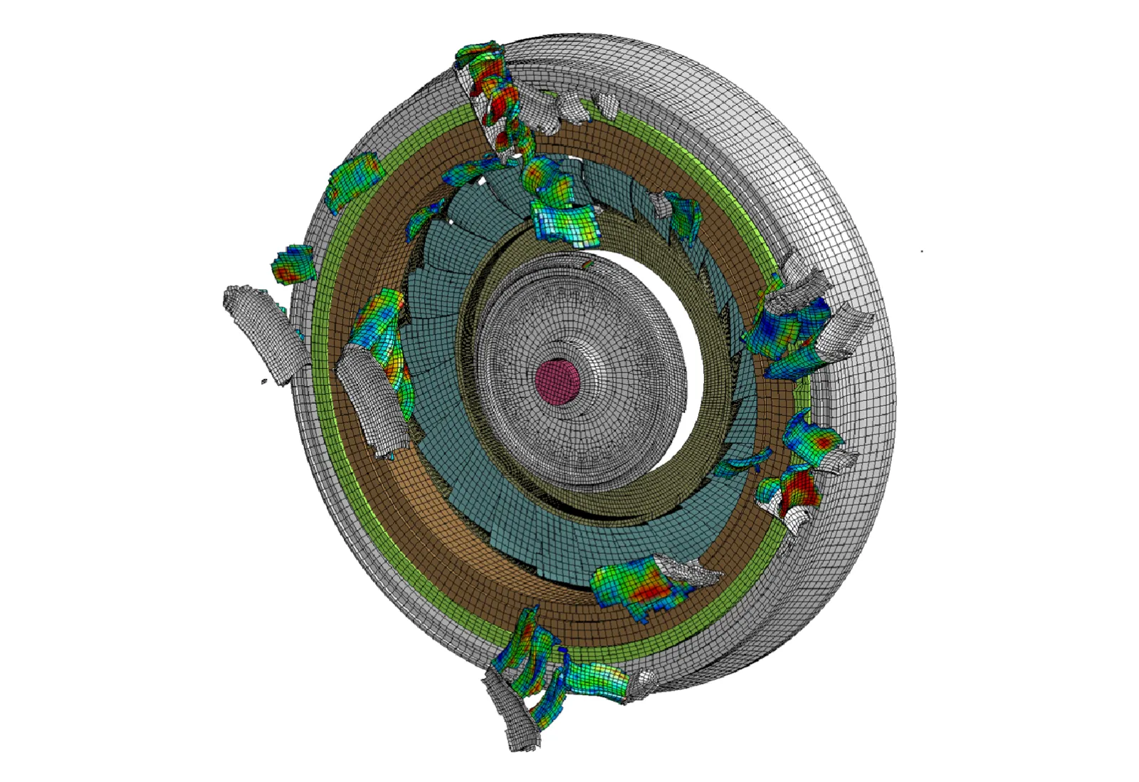 Figure 4: Upon triggering the blade burst (fusing) at the end of implicit pre-stress, containment can be seem to fail as the blades exit out of the front of the containment ring system.  