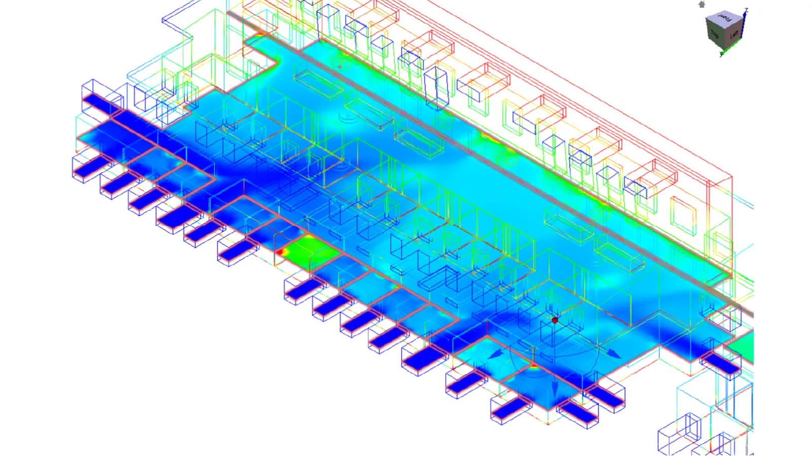 CFD simulation results showing the temperature gradient within the office environment