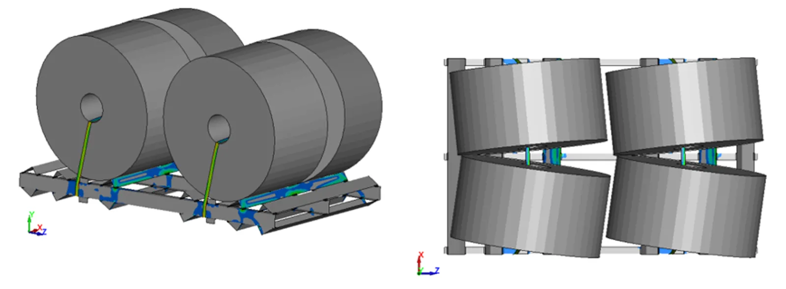 Transportation Pallet Loaded with Steel Spools to Evaluate Weld Integrity. -Top View of Transportation Pallet Loaded with Steel Spools during a Crash Event. 