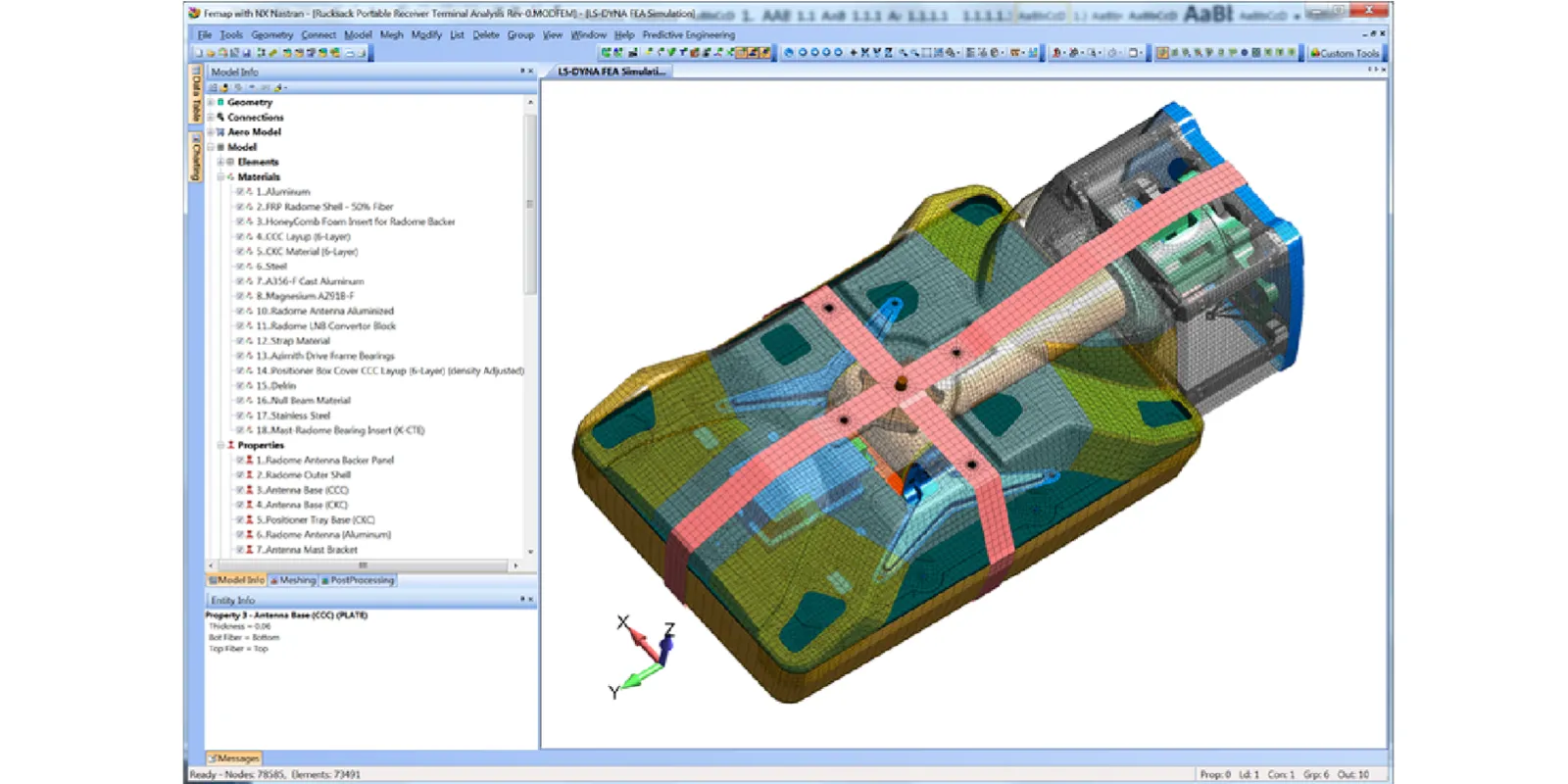 Figure 3: The meshed Femap model was checked for its explicit time step and the mesh was carefully sized to ensure that mass scaling was minimal.