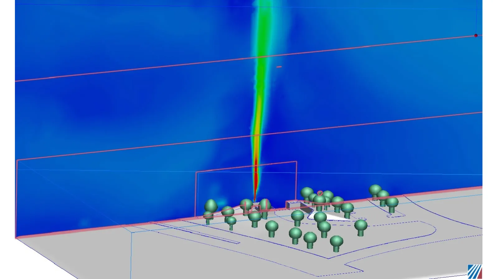 Figure 4: A section cut plane contoured with air velocity is located at the exhaust outlet. The velocity contour shows the path of the exhaust plume.  Predictive Engineering CFD Consulting Services