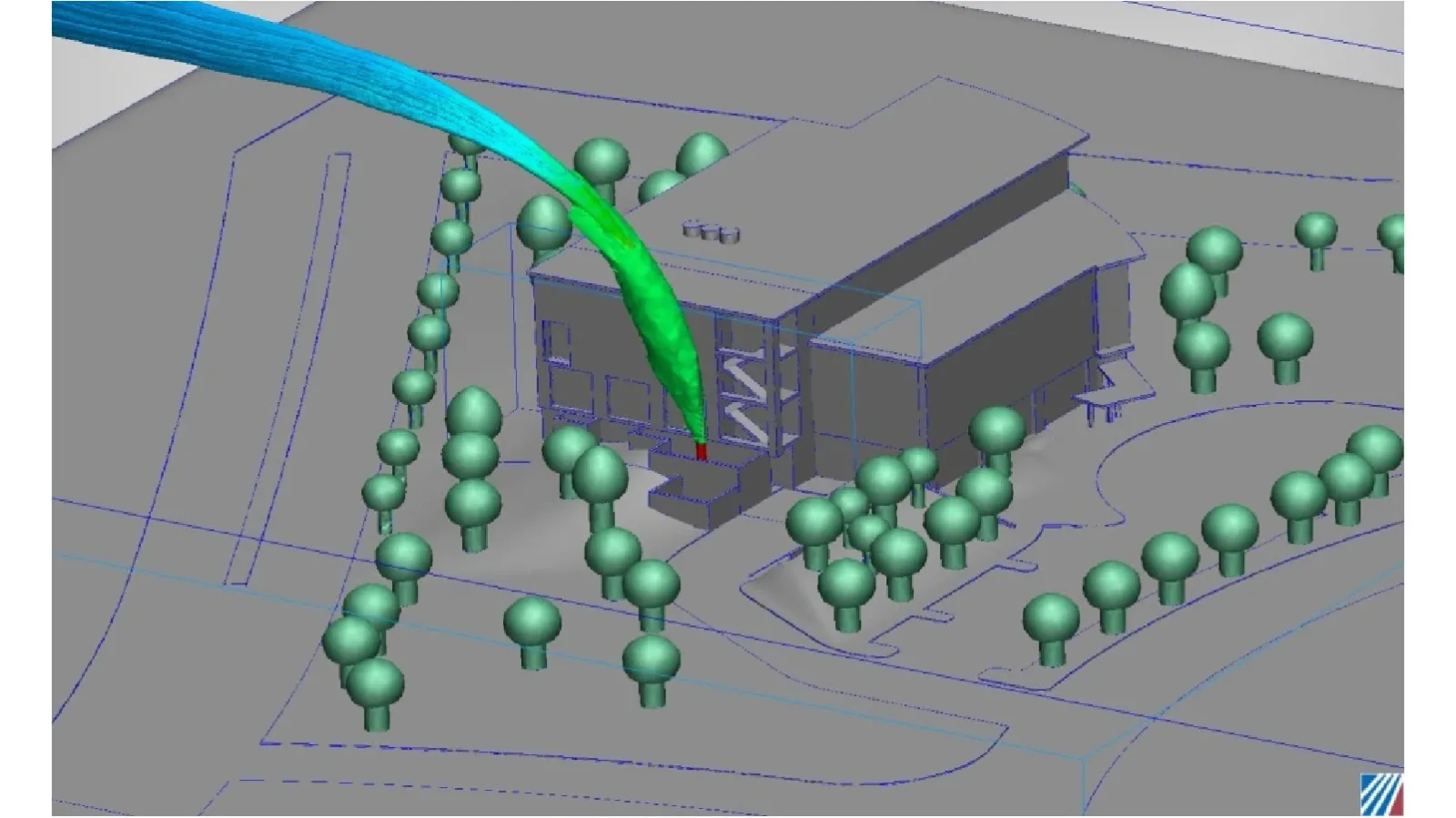 Particle tracing showing that the diesel exhaust will not infiltrate into the HVAC system even with a strong wind pushing the exhaust towards the inlet.  CFD Consulting Services